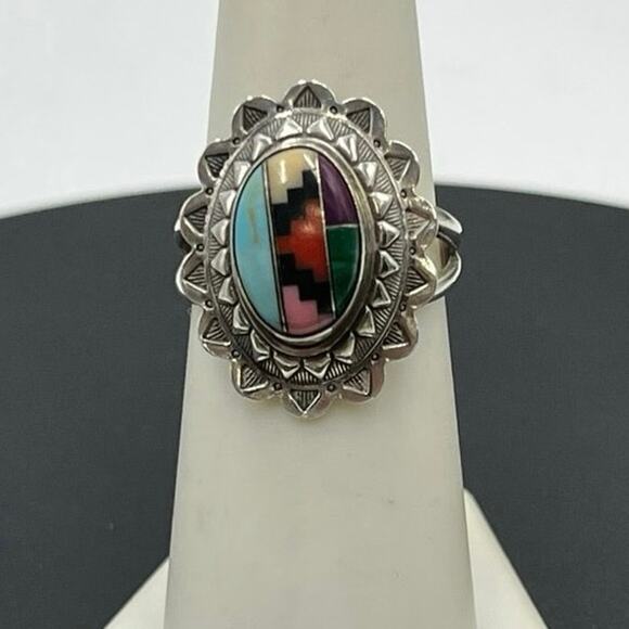 QT Quac Multi Gemstone Turquoise Sterling Silver Inlay Mosaic Navajo Ring Sz 7.5 - Picture 1 of 11